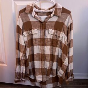 Brown and White Plaid Button-Up Shirt